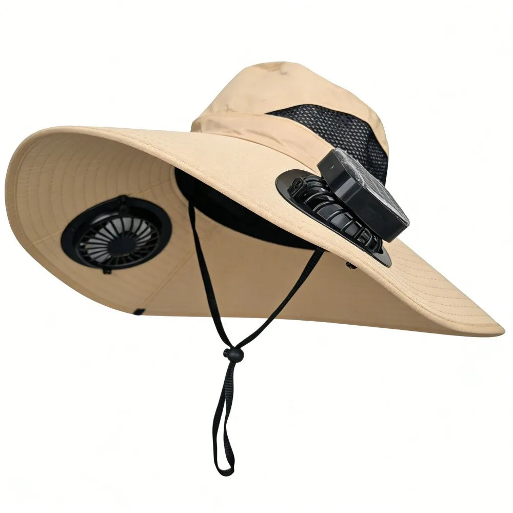 Chapeau Ventilateur Solaire à Double Ventilation – 3 Vitesses, Protection UV et Large Bord. Reste au frais même sous 40°