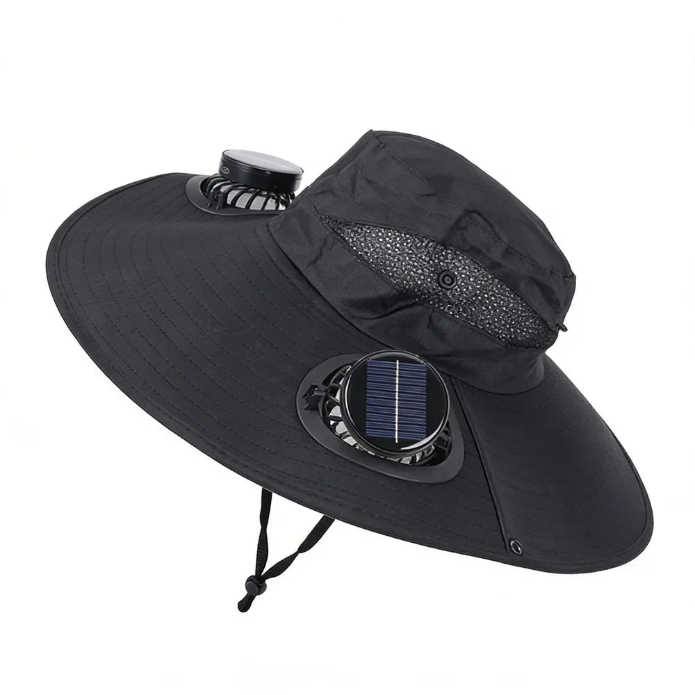 Chapeau Ventilateur Solaire à Double Ventilation – 3 Vitesses, Protection UV et Large Bord. Reste au frais même sous 40°