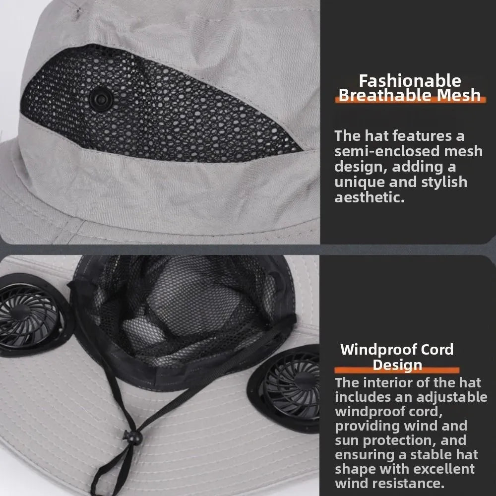 Chapeau Ventilateur Solaire à Double Ventilation – 3 Vitesses, Protection UV et Large Bord. Reste au frais même sous 40°